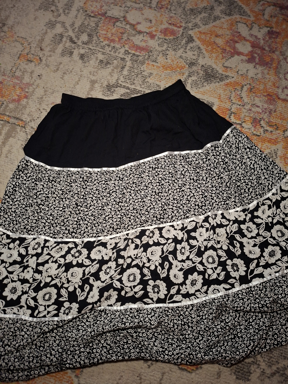 Black and White Floral Tiered Maxi Skirt - Women's Skirt